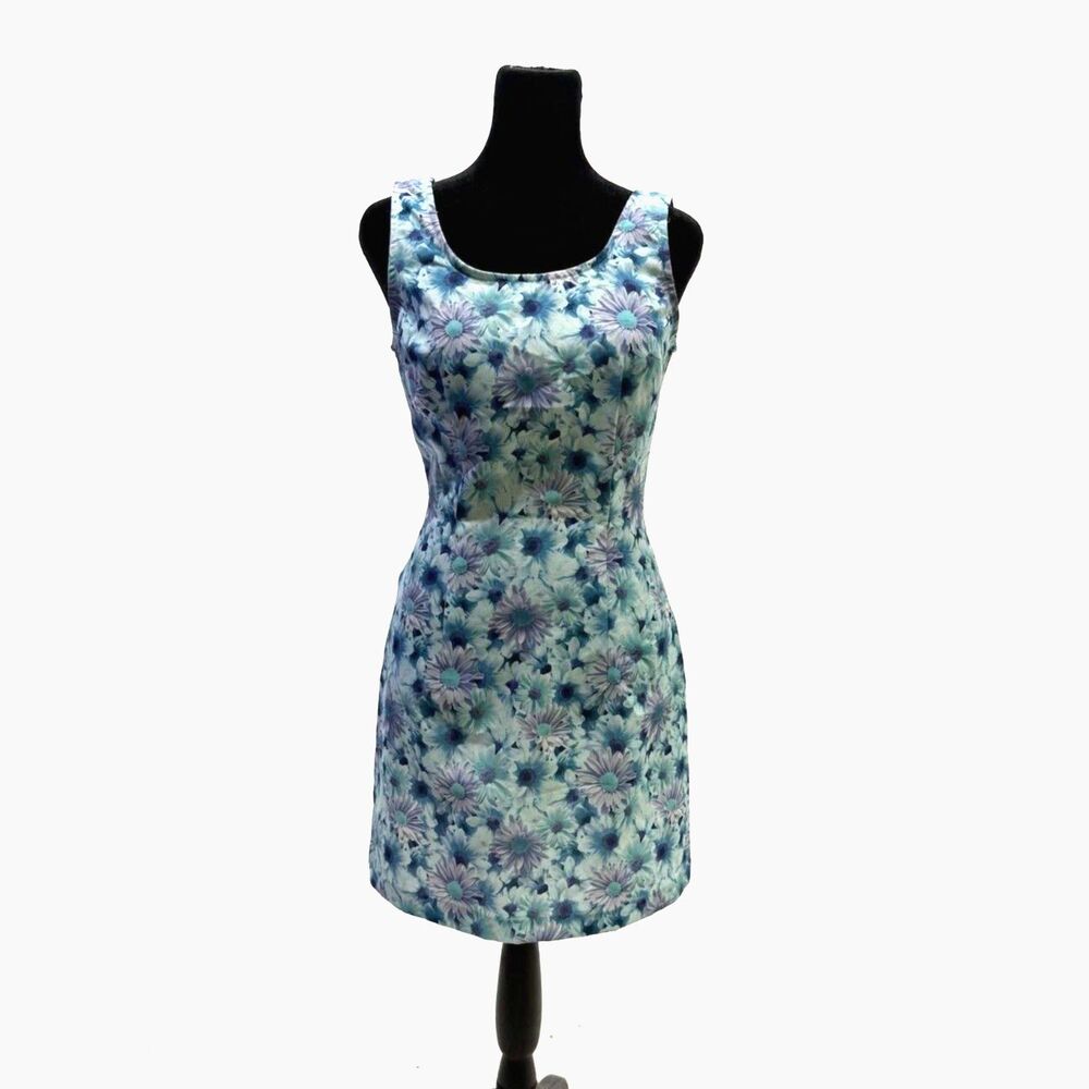All that Jazz 90s Blue daisy floral retro poly sheath dress
